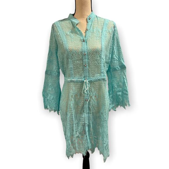 Colleen Lopez Baby Blue Lace Bell Sleeve Dress Size Medium nwt - Picture 1 of 8